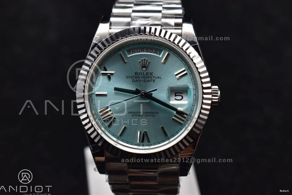 40 V2 Roman GMF SS Bracelet Steel Iced DayDate President On Dial Markers Blue A3255 904L 0309